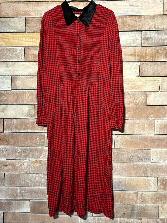 Kathie Lee Collection Dresses & Skirts - Red and Black Buffalo Plaid Long Dress with Black Collar. Vintage Kathie Lee.